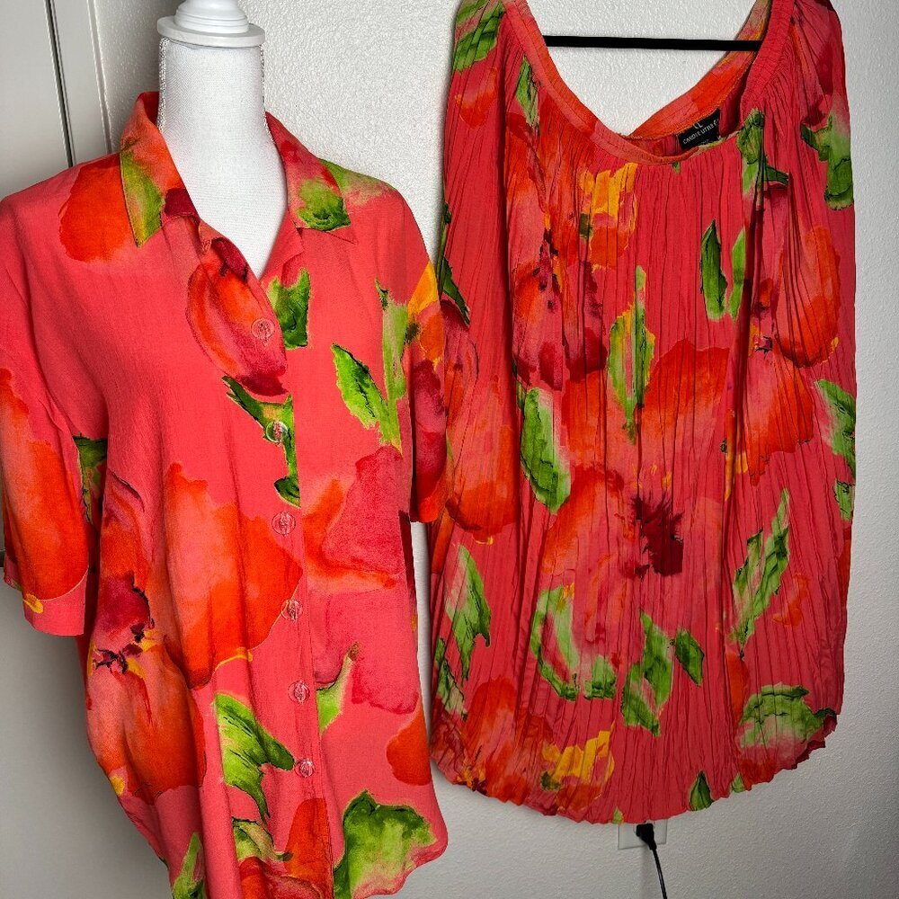 VTG Carole Little Floral Art Blouse & Skirt 2 Piece Suit Set Rayon Size 16W